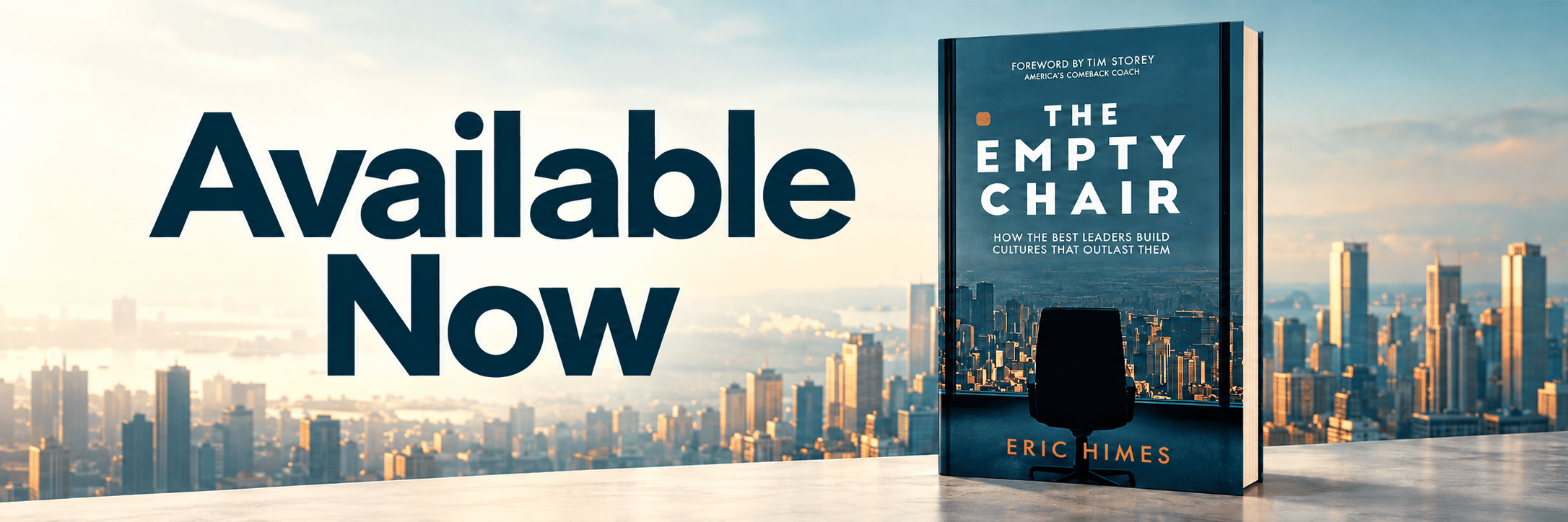 Available Now banner featuring The Empty Chair book against a sunrise city skyline