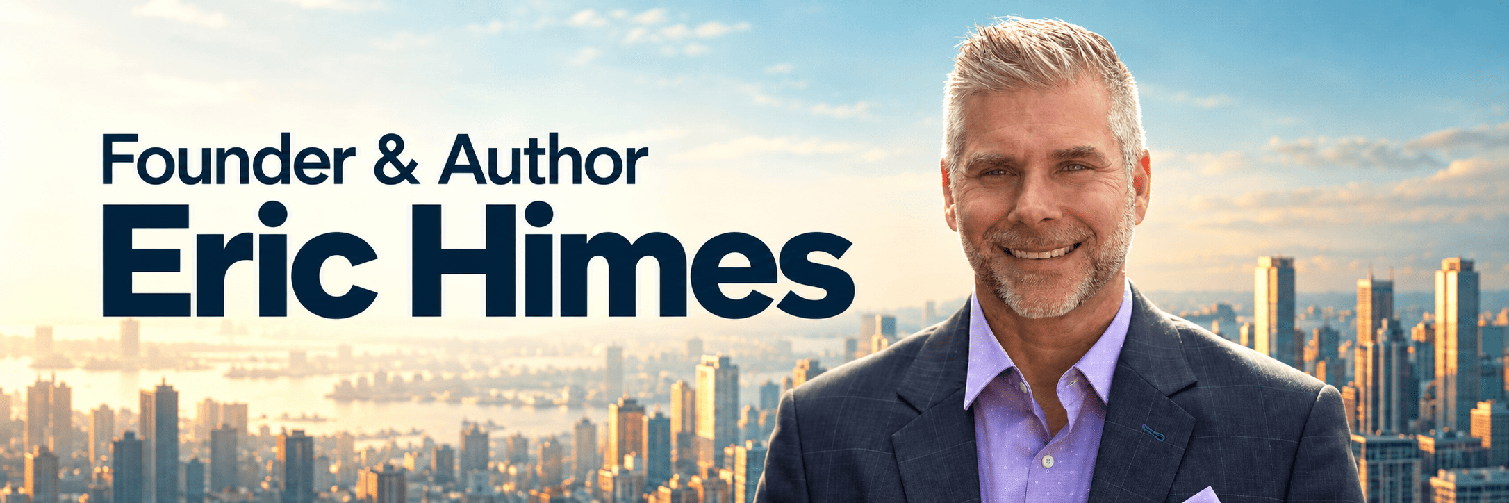 Eric Himes, founder and author, smiling in front of a city skyline